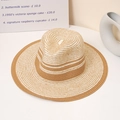 Cappello da sole in paglia bicolore con strisce orizzontali e tesa larga per l'estate - M (56-58cm) / Beige + Cachi
