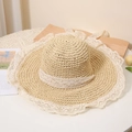 Straw sun hat with white lace trim and breathable hollow design for summer vacation - M (56-58cm) / Beige