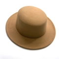 Elegant camel wool boater hat featuring a flat top and wide brim with leather belt detail - Camel