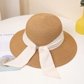 Summer wide brim straw hat for women with beige chiffon ribbon and crystal bow detail - M / Khaki