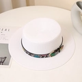 White straw boater hat with stylish snake pattern ribbon and gold buckle detail - M (56-58cm) / Bleached White