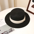 Cappello di paglia nero classico con fascia larga color crema per protezione solare estiva - M (56-58cm) / Nero con nastro beige