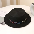 Detail of black boater straw hat with colorful ethnic pattern band and metal buckle - M (56-58cm) / Black