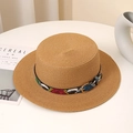 Close-up of khaki woven straw hat with snake pattern belt on a minimalist white desk - M (56-58cm) / Khaki