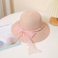 Chapeau de soleil rose pour filles avec nœud en tulle et chaîne de perles pour les vacances - M / Rose