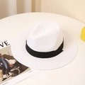 Cappello estivo in paglia bianca a tesa larga con nastro nero per protezione solare - M (56-58cm) / Bianco Candeggiato
