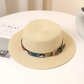 Detail of beige woven boater hat featuring snake print leather band and gold buckle - M (56-58cm) / Beige