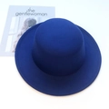 Navy blue wool felt flat top boater hat with fine stitching and wide brim for women - Sapphire Blue