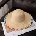 Close-up of a wide brim straw hat with colorful rainbow embroidery on leather seat - M (56-58cm) / Beige