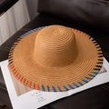 Handwoven wide brim straw hat with colorful rainbow edge stitching on a magazine - M (56-58cm) / Khaki