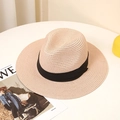 Classic khaki straw fedora hat with a wide black ribbon band for summer sun protection - M (56-58cm) / Nude Pink