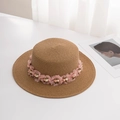 Women's summer straw hat with pink floral trim for beach vacation sun protection - M (56-58cm) / Khaki