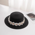 Summer black straw boater hat for women with sweet white and pink floral decorations - M (56-58cm) / Black