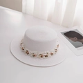 Detailed macro view of white straw boater hat with delicate fabric flower decorations - M (56-58cm) / Pure White