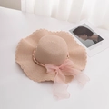 Elegant wide-brim straw sun hat with pearls and pink organza bow for beach use - M (56-58cm) / Nude Pink