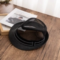 Detail of black straw fedora with breathable mesh crown and white stitched ribbon - M (56-58cm) / Black