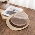 Detail of men's summer fedora featuring breathable mesh crown and woven straw brim - M (56-58cm) / Beige
