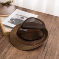 Detailed close-up of dark brown straw fedora featuring breathable mesh and decorative band - M (56-58cm) / Coffee