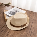 British style beige straw fedora hat with brown leather belt and silver buckle - M / Beige