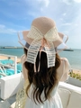 Pink straw sun hat for women featuring a large white lace bow and elegant back streamers - M (56-58cm) / Nude Pink