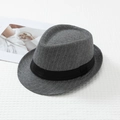 Detail of grey striped fedora hat showing textured wool fabric and black ribbon band - L(58-60cm) / Gray