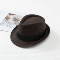 Detailed view of dark brown striped fedora hat with black satin band on white textured fabric - L(58-60cm) / Coffee