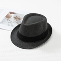 Gros plan détaillé du chapeau fedora gris foncé à chevrons sur tissu texturé blanc - Gris Foncé à Chevrons