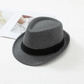 Detail shot of a dark grey fedora hat featuring a premium felt texture and black ribbon - M / Gray