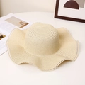 Detailed close-up of straw sun hat featuring wavy brim and delicate white lace trim details - M (56-58cm) / Wavy Mesh - Beige