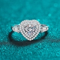 S925 sterling silver heart-shaped moissanite ring with double halo and side baguette diamonds - US 9 / 1 Carat Moissanite
