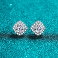 S925 sterling silver square halo stud earrings with cushion cut moissanite stones - 925 Silver / 1 Carat Moissanite (0.5ct Each)