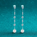 Elegant S925 sterling silver tassel earrings with moissanite crystals and white pearls - 1.8 Carat Moissanite 8mm Pearl / 925 Silver