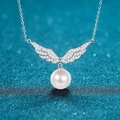 S925 zilveren ketting met engelenvleugels, 10mm parel en moissaniet op blauwe basis - 925 zilver / Moissaniet + 10-11mm Zoetwaterparel