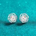 Élégantes boucles d'oreilles en argent S925 avec perles, moissanite et motif de fleur - Argent 925 / 0.15ct / 8-9mm Perle