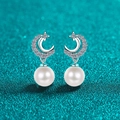 Boucles d'oreilles élégantes en argent S925 avec perles, étoile et lune pour femmes - Argent 925 / Boucles d'Oreilles Perle Moissanite 35 Points