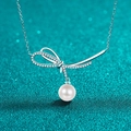 Elegante collana in argento S925 con ciondolo a fiocco, moissanite e perla bianca tonda - Collana di Perle Moissanite 19 Punti / Argento 925