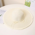 Detailed texture of beige wide brim straw hat with fringe edge and delicate bow tie - M / Milk White