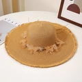 Close-up of wide brim straw hat with 3D mesh flowers and white pearl accents - M / Khaki