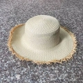 Summer flat top straw sun hat with frayed wide brim in beige for beach wear - M (56-58cm) / Raffia Style Frayed Edge - Beige