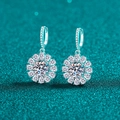 Elegant S925 sterling silver moissanite sunflower drop earrings with sparkling halo crystals - 925 Silver / 4 Carat Moissanite