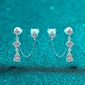 S925 sterling silver moissanite tassel double stud earrings with shimmering chain detail - 925 Silver / 1.8ct Moissanite Silver
