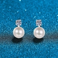 Elegant S925 sterling silver stud earrings featuring round white pearl and moissanite stone - 0.3ct+0.3ct Moissanite / 925 Silver