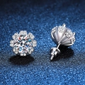 Sparkling Moissanite stud earrings in flower petal design with secure screw-back closure - 6.5mm+6.5mm High Carbon Stone (E056) / 925 Silver