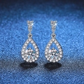 S925 sterling silver moissanite drop earrings with teardrop halo design on blue background - Waterdrop Style Drop Earrings / Silver High Carbon Stone