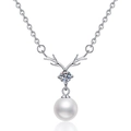 Elegant S925 silver deer antler necklace with moissanite and white pearl pendant - 925 Silver / Rhinestone And Freshwater Pearl