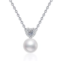 Elegant S925 sterling silver necklace featuring a heart diamond pendant and white pearl - 925 Silver / 10pt Moissanite With 10mm Freshwater Pearl (XL170)