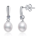 Moissanite and fresh water pearl earrings in S925 sterling silver with a sleek drop design - Moissanite + Freshwater Pearl / 925 Silver