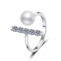 Elegant S925 sterling silver open ring with white freshwater pearl and five sparkling moissanite diamonds - Adjustable Open / Moissanite Freshwater Pearl Style