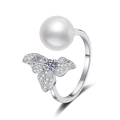Adjustable S925 silver ring with freshwater pearl and moissanite clover butterfly design - Adjustable Open / Moissanite and Freshwater Pearl