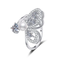 Adjustable S925 silver butterfly ring featuring a brilliant moissanite and white pearl - 5mm Rhinestone and Freshwater Pearl Style